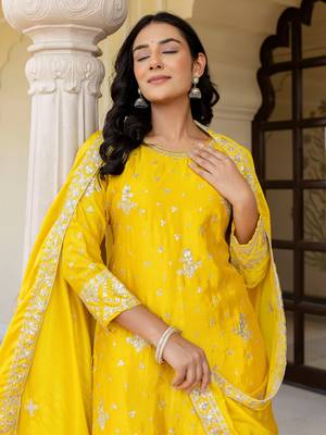 Yellow Embroidered Chinon Silk Gharara Suit 4