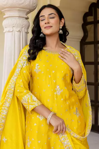 Yellow Embroidered Chinon Silk Gharara Suit