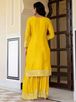 Yellow Embroidered Chinon Silk Gharara Suit 5