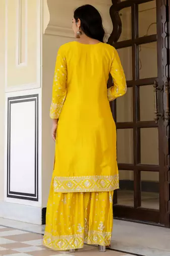 Yellow Embroidered Chinon Silk Gharara Suit