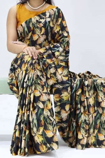 black color all over printed work saree with unstitched blouse