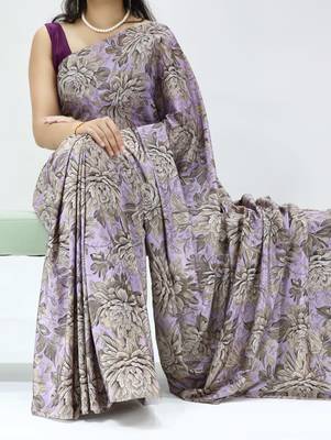 purple color all over printed work saree with unstitched blouse 1