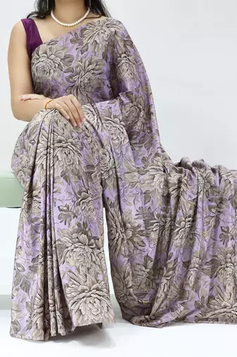 purple color all over printed work saree with unstitched blouse