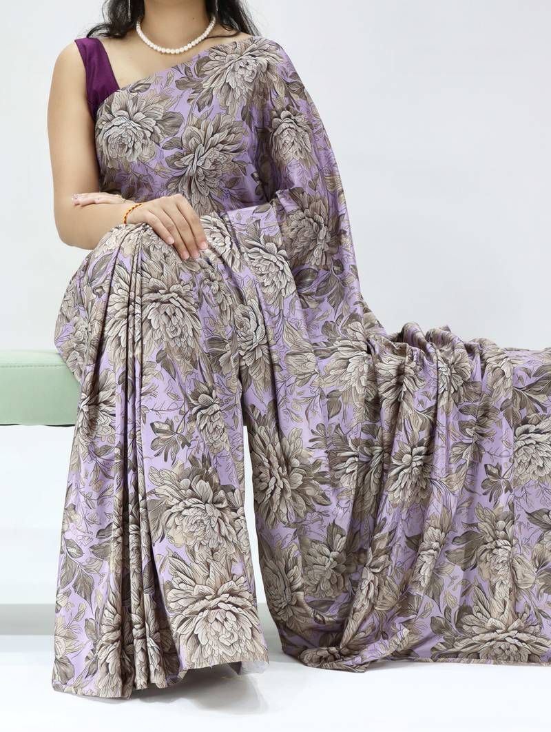 purple color all over printed work saree with unstitched blouse
