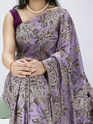 purple color all over printed work saree with unstitched blouse 2