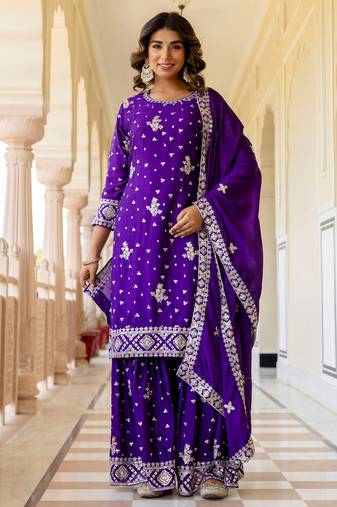 Purple Embroidered Chinon Silk Gharara Suit