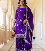  Purple Embroidered Chinon Silk Gharara Suit