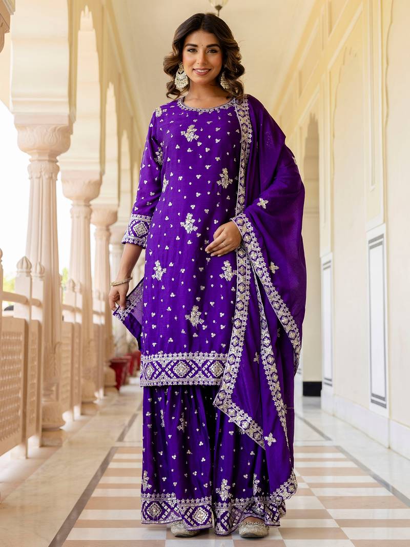 Purple Embroidered Chinon Silk Gharara Suit