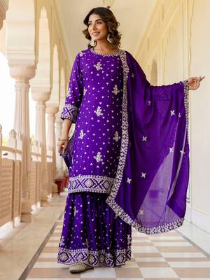  Purple Embroidered Chinon Silk Gharara Suit 2