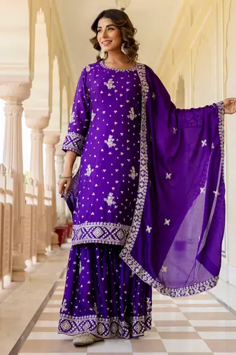  Purple Embroidered Chinon Silk Gharara Suit