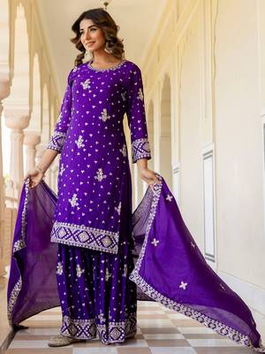  Purple Embroidered Chinon Silk Gharara Suit 3