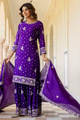  Purple Embroidered Chinon Silk Gharara Suit
