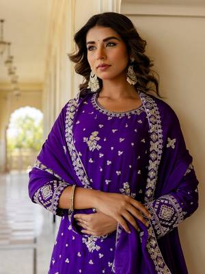  Purple Embroidered Chinon Silk Gharara Suit 4