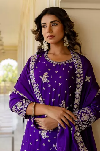  Purple Embroidered Chinon Silk Gharara Suit