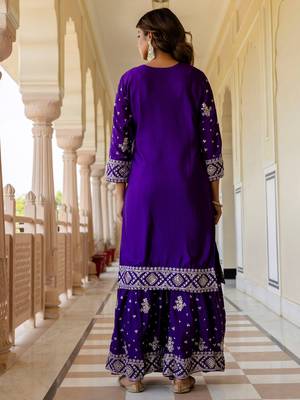  Purple Embroidered Chinon Silk Gharara Suit 5