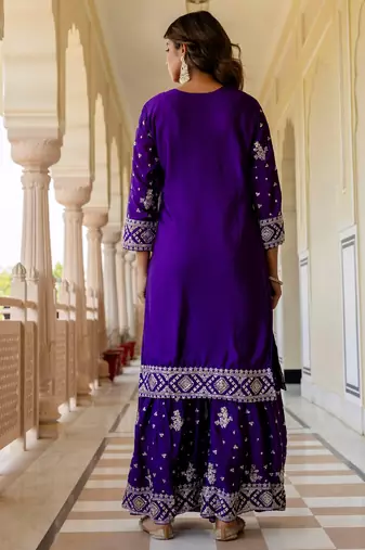  Purple Embroidered Chinon Silk Gharara Suit