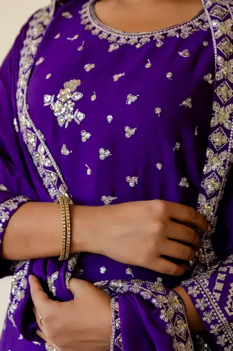  Purple Embroidered Chinon Silk Gharara Suit