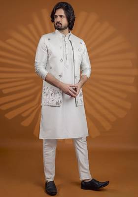 pista green art silk 3 peice kurta nehru jacket set for men 1