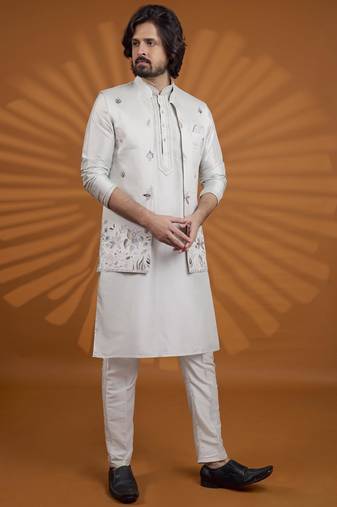 pista green art silk 3 peice kurta nehru jacket set for men
