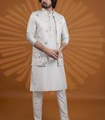Pista green art silk 3 peice kurta jacket set for men