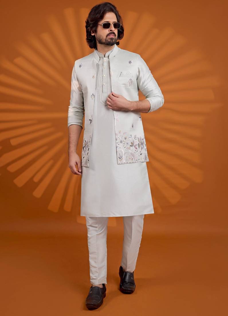 Pista green art silk 3 peice kurta jacket set for men