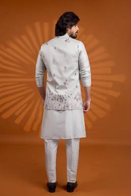 pista green art silk 3 peice kurta nehru jacket set for men 3