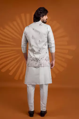 pista green art silk 3 peice kurta nehru jacket set for men