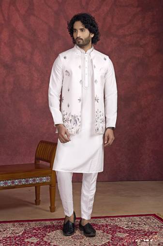 off white art silk 3 peice kurta nehru jacket set for men