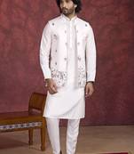 Off white art silk 3 peice kurta jacket set for men