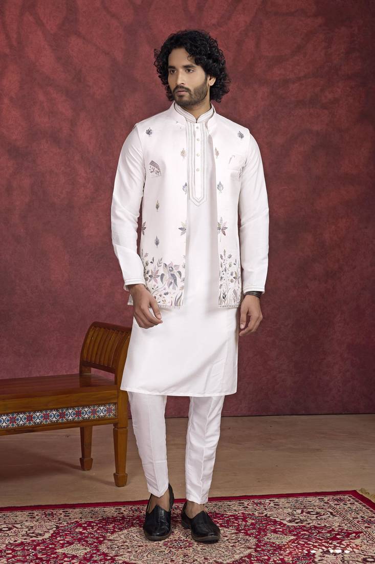 Off white art silk 3 peice kurta jacket set for men