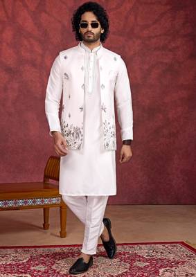 off white art silk 3 peice kurta nehru jacket set for men 2