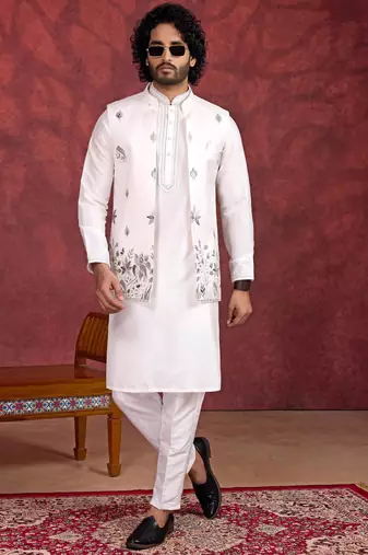 off white art silk 3 peice kurta nehru jacket set for men