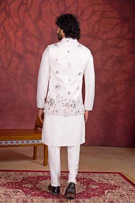 off white art silk 3 peice kurta nehru jacket set for men 3