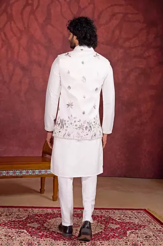 off white art silk 3 peice kurta nehru jacket set for men