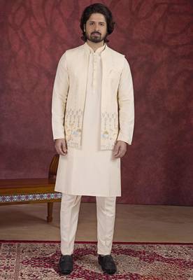 beige art silk 3 peice kurta nehru jacket set for men 1