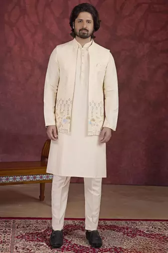 beige art silk 3 peice kurta nehru jacket set for men