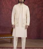 Beige art silk 3 peice kurta jacket set for men