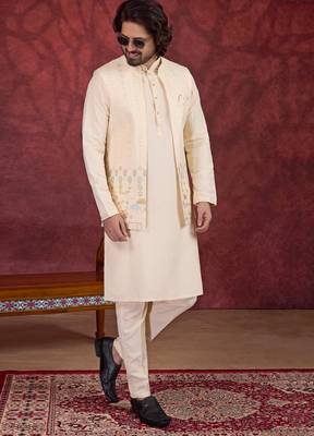 beige art silk 3 peice kurta nehru jacket set for men 2