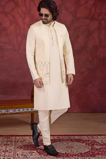 beige art silk 3 peice kurta nehru jacket set for men