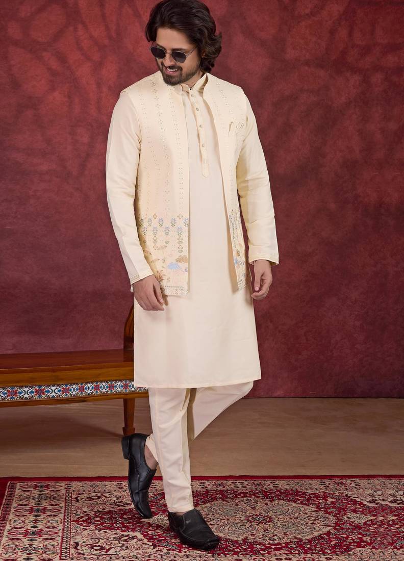 Beige art silk 3 peice kurta jacket set for men