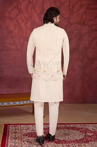 beige art silk 3 peice kurta nehru jacket set for men