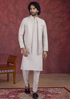 grey art silk 3 peice kurta nehru jacket set for men 1