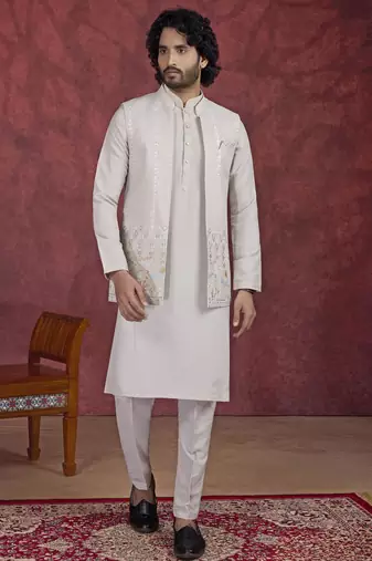 grey art silk 3 peice kurta nehru jacket set for men