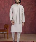 Grey art silk 3 peice kurta jacket set for men