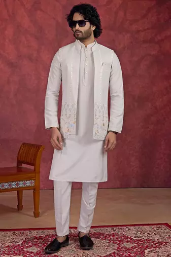 grey art silk 3 peice kurta nehru jacket set for men