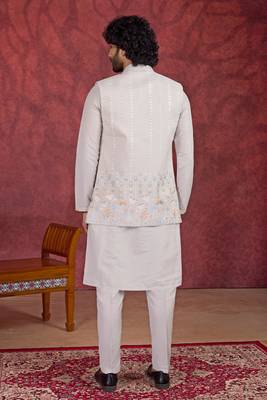 grey art silk 3 peice kurta nehru jacket set for men 3