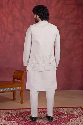 grey art silk 3 peice kurta nehru jacket set for men