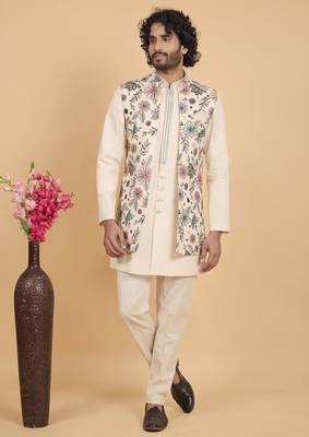 cream khadi art silk 3 peice long nehru jacket set for men 1