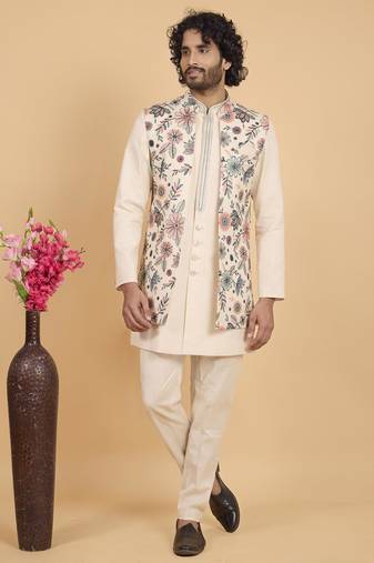 cream khadi art silk 3 peice long nehru jacket set for men