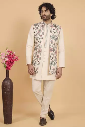 cream khadi art silk 3 peice long nehru jacket set for men